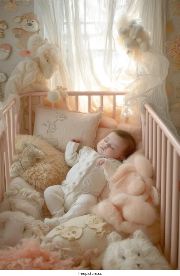 An adorable baby sleeping soundly in a crib
