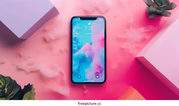 Phone on Pink Background with White Smoke and Green Plant