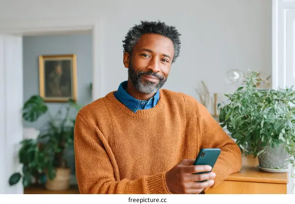 Smiling African American Man Using Smartphone