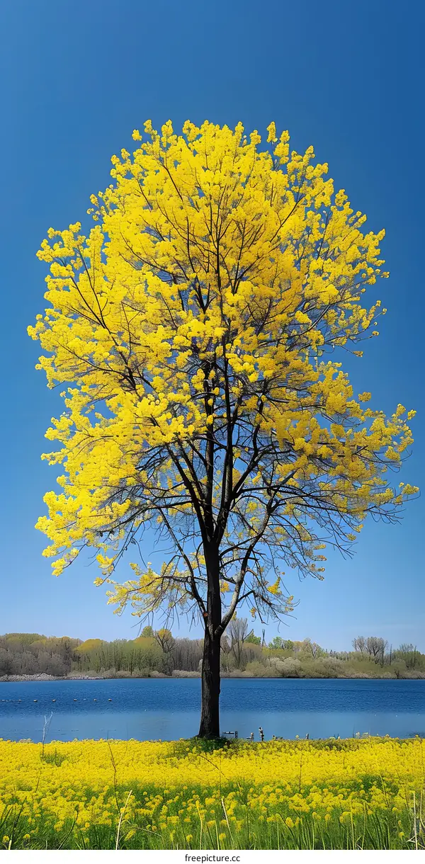 A large tree with yellow leaves stands in a field of yellow flowers with a lake and blue sky in the background