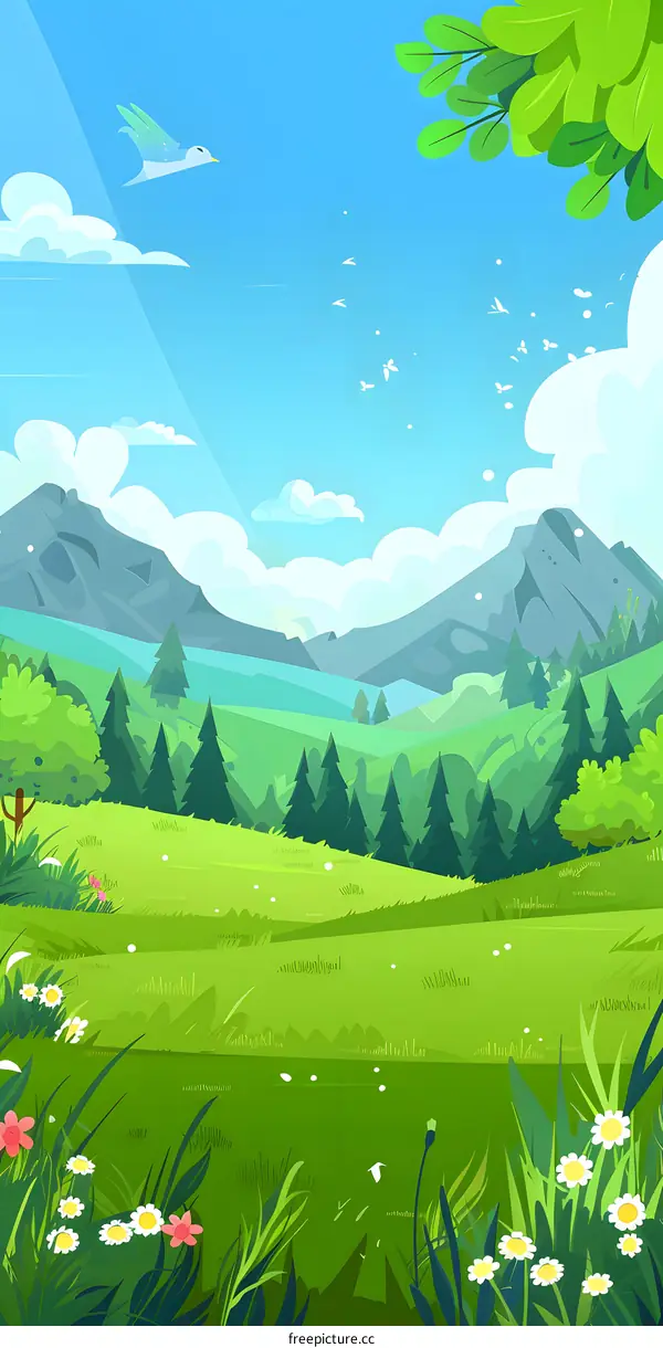 Cartoon Landscape with Green Hills and Flowers