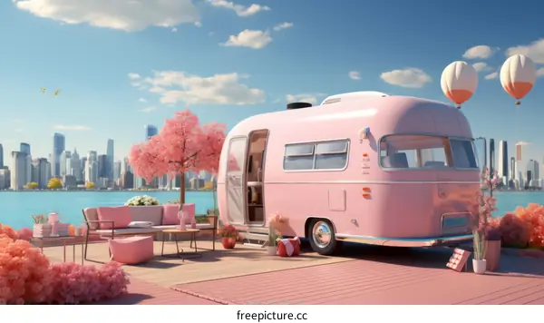 Pink Retro Camper Van with City Skyline in Background