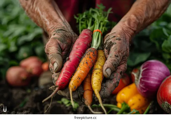 A farmer holding a handful of freshly harvested carrots