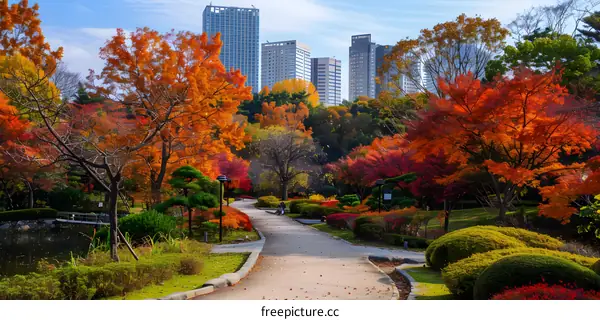 A park with a path in autumn