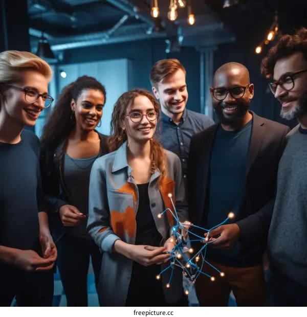 Multi-ethnic Team Holding Glowing 3D Printed Prototype