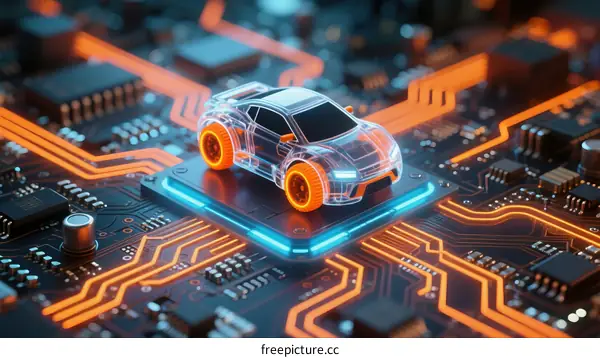 Futuristic Toy Car on Circuit Board with Glowing Traces