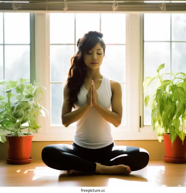 A woman is meditating in a yoga pose with her eyes closed and hands together in prayer position