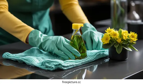 Woman Cleaning Kitchen Counter with Gloves and Apron