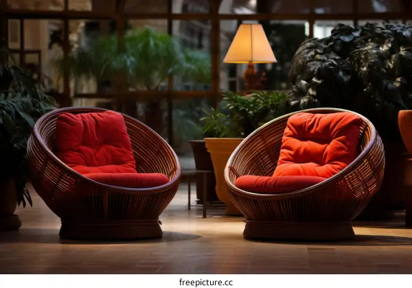 Two wicker chairs with red cushions in a hotel lobby