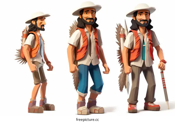 Three male explorers in different poses