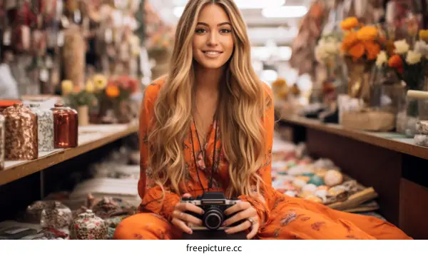 Portrait of a smiling young woman with long blond hair wearing an orange floral dress sitting on the floor in a fabric shop