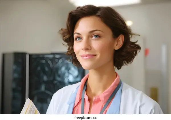 Confident Female Doctor Holding Medical Book in Hospital
