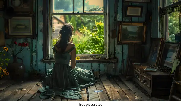 Woman Sitting in Abandoned House Looking Out Window