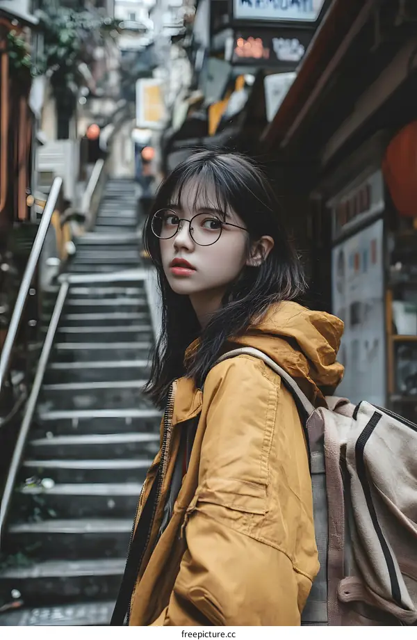 Young Asian Woman Wearing Glasses and a Yellow Jacket Walks Down a Street in Asia