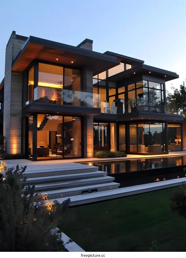 Modern House With Swimming Pool And Backyard At Dusk
