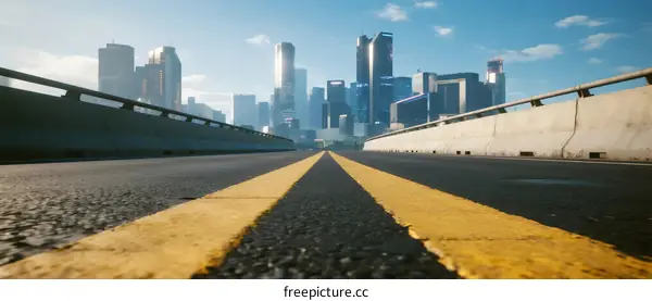 Urban road leading to modern city skyline with tall buildings