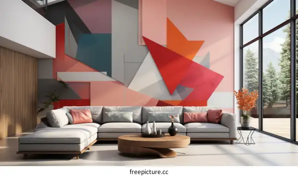 Modern geometric artwork adorns living room wall