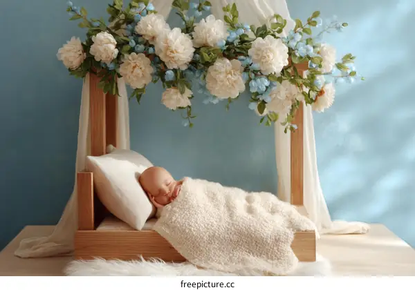 newborn baby sleeping in a wooden crib with flowers