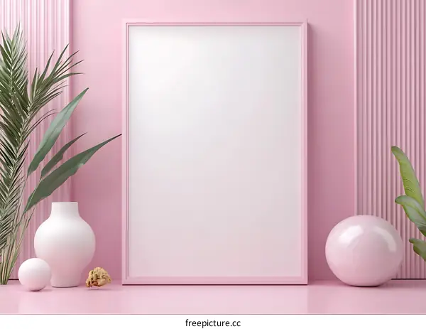 Pink Minimalist Wall Frame Mockup With Plants