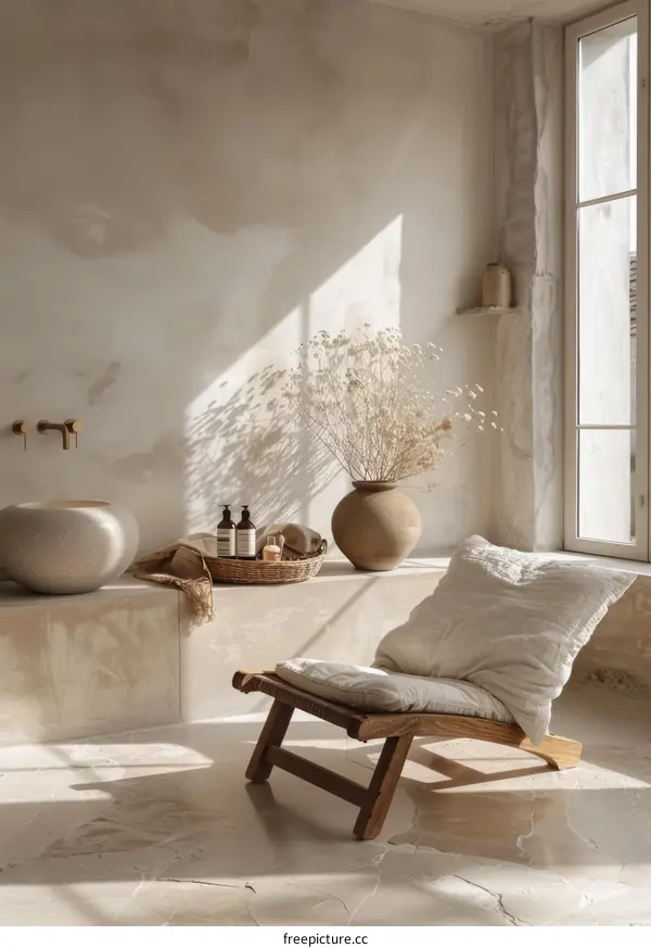 Neutral Bathroom Styled with Stone Sink and Wooden Chair