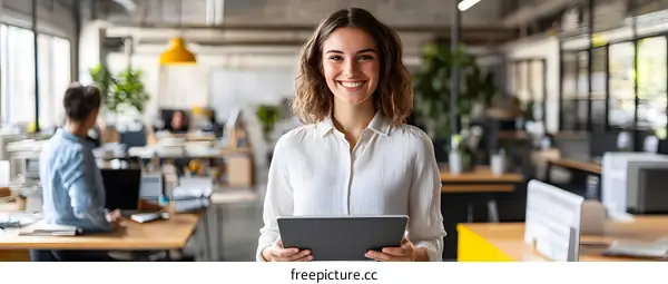 Smiling Businesswoman Holding Tablet in Modern Office