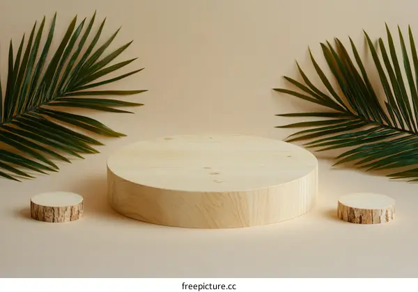 Natural Wood Display Podium with Tropical Leaves