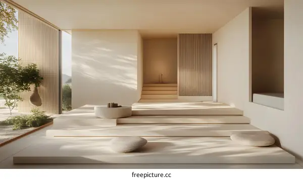 Minimalist Zen Interior Design with Stone Platform and Wooden Slat Wall