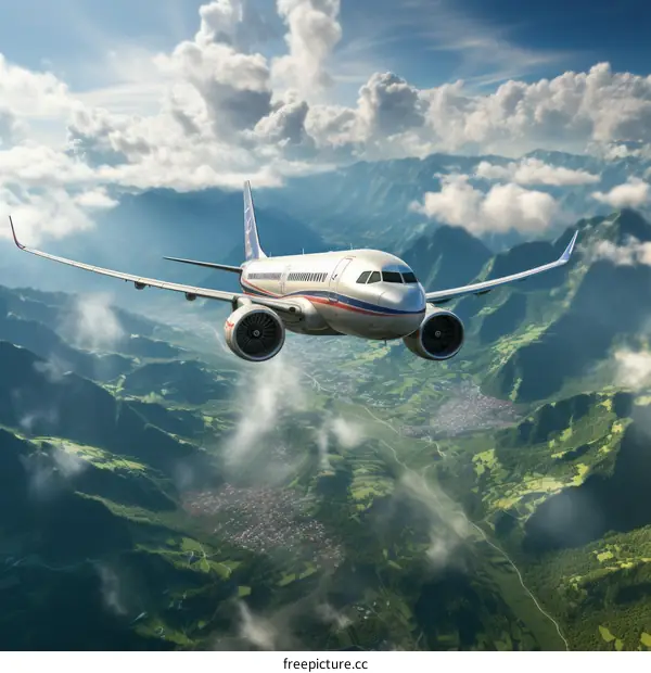 airplane flying over green mountains with cloudscape