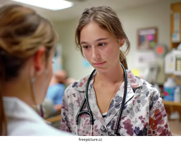 Young female medical professional attentively listens to an unseen colleague