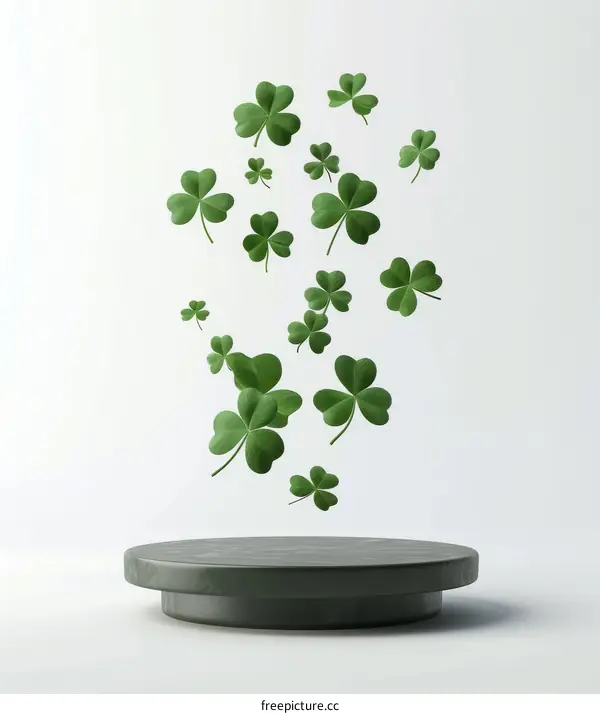Green clovers floating up from a dark green podium against a white background