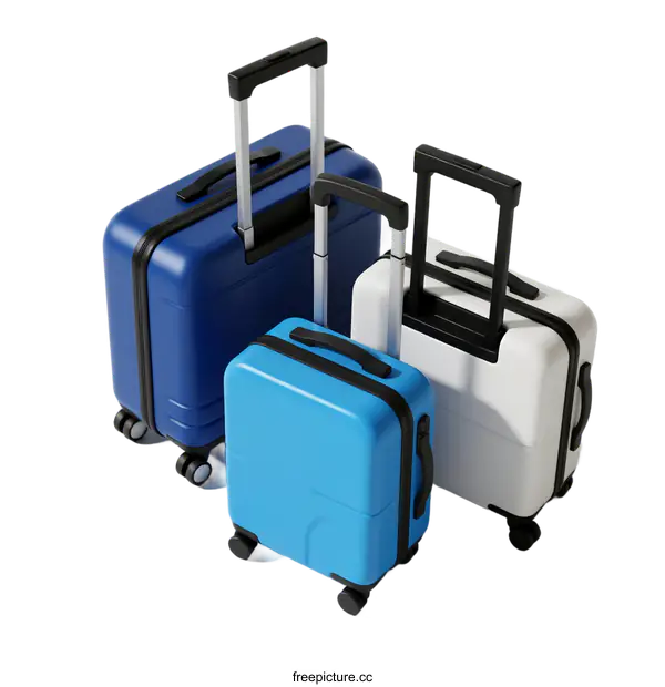 [Transparent Background PNG]Three colorful suitcases with retractable handles and wheels
