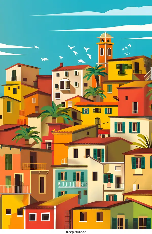 Colorful Illustration of Mediterranean Houses