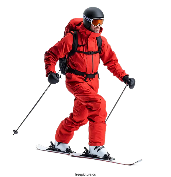 [Transparent Background PNG]Skier in Red Ski Suit in Action
