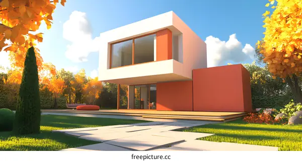 Modern House Design With Autumn Foliage