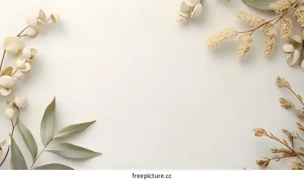 White Background with Dried Flowers and Leaves