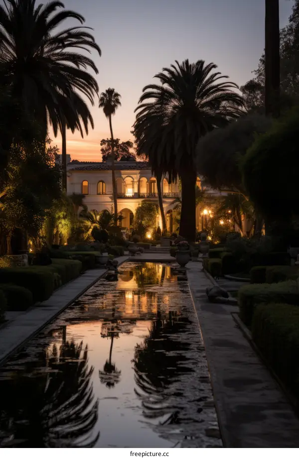 A beautiful mansion with a reflecting pool in front of it