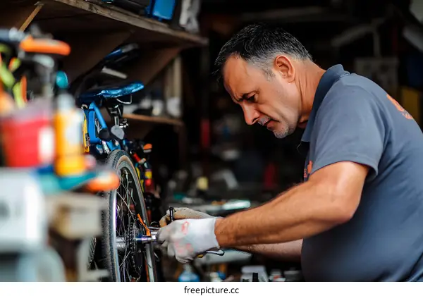Man Repairing Bicycle in Workshop
