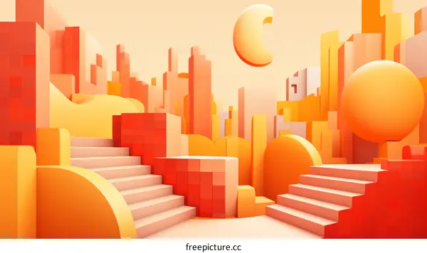 3D illustration of a city with geometric shapes and a podium in the center