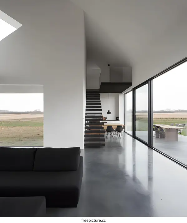 Modern Minimalist House Interior Design with Black Staircase and Open Floor Plan