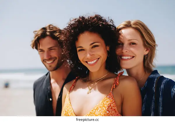 Three Diverse Friends Smiling Together on Beach