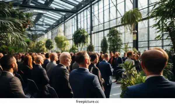 A group of people are attending a conference in a greenhouse.