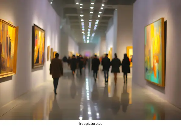 Art Gallery with Visitors and Paintings
