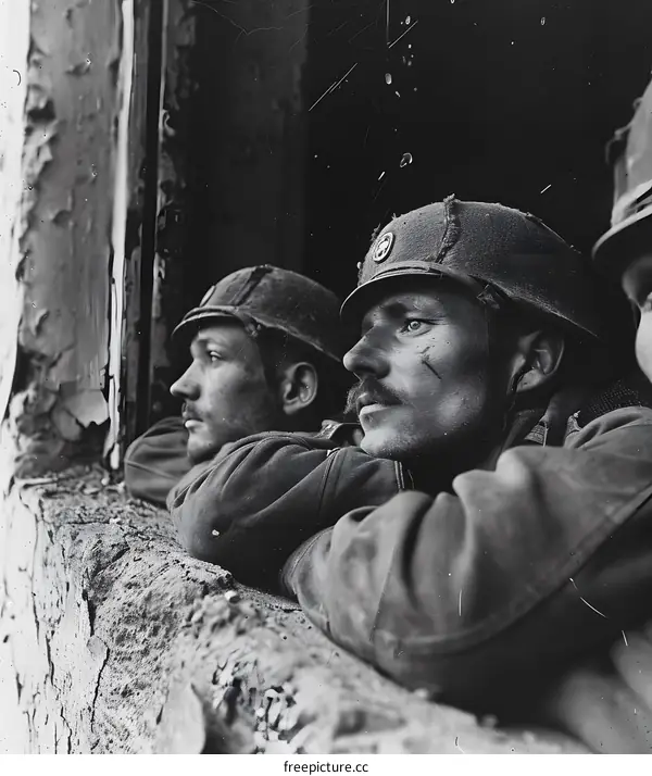 Three Soldiers Looking Out a Window