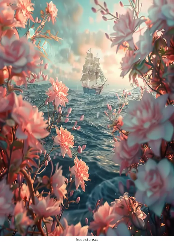 Fantasy Ship Sailing Through a Sea of Flowers