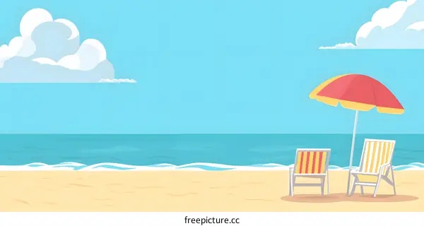 Two Beach Chairs Under An Umbrella With A Blue Ocean And Sky Background
