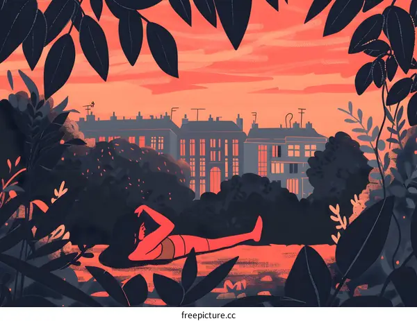 Woman Relaxing in the Garden with City Buildings in the Background