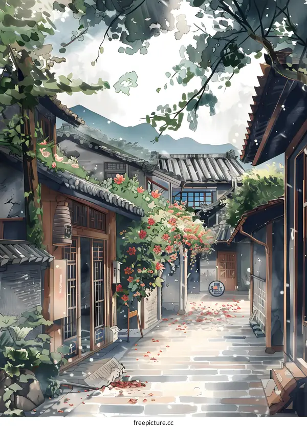 Watercolor Painting of Chinese Traditional Alleyway