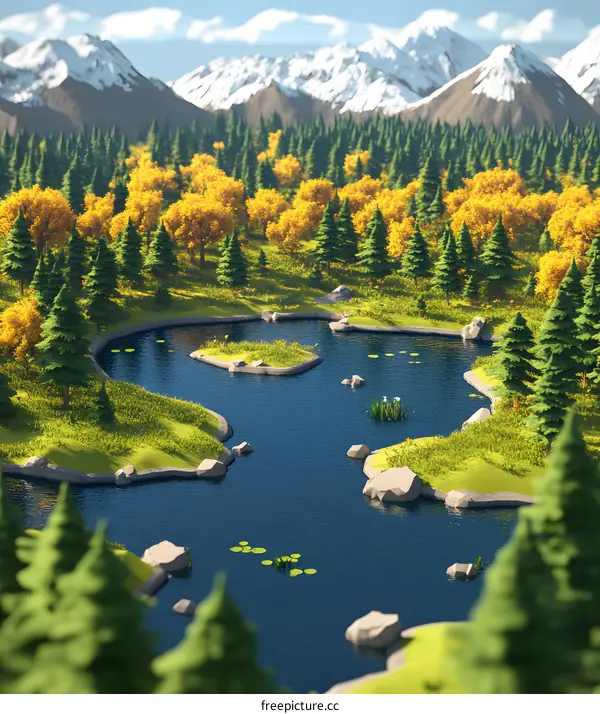 Low Poly Mountain Lake Landscape