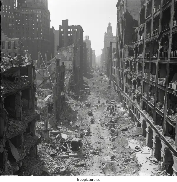 Post-war urban street scene with rubble from destroyed buildings