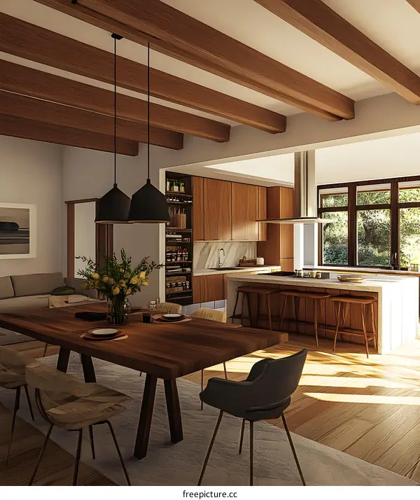 Modern Farmhouse Style Kitchen Interior Design With Wooden Beams